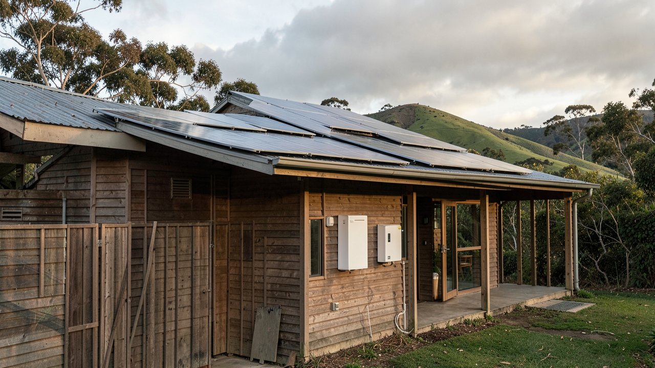 A Tasmanian weatherboard house with rooftop solar and a wall-mounted home battery beside the carport, set against green hills and eucalypts in soft afternoon light.