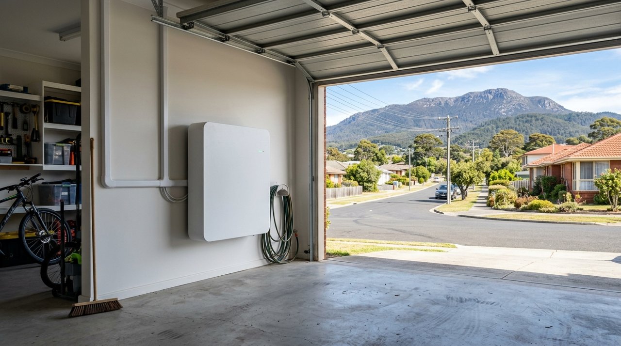 Plain wall-mounted home battery in a Tasmanian garage with kunanyi/Mount Wellington in the distance