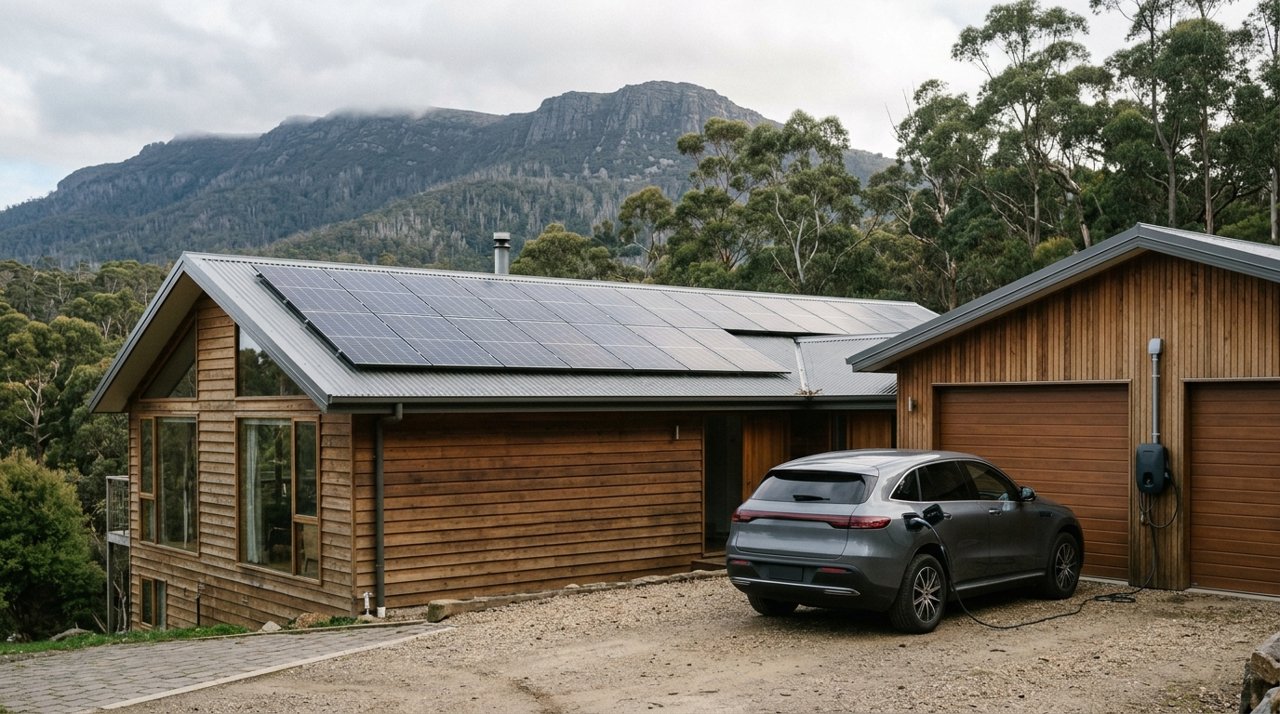 An electric car plugged into a bidirectional charger at a Tasmanian home with rooftop solar